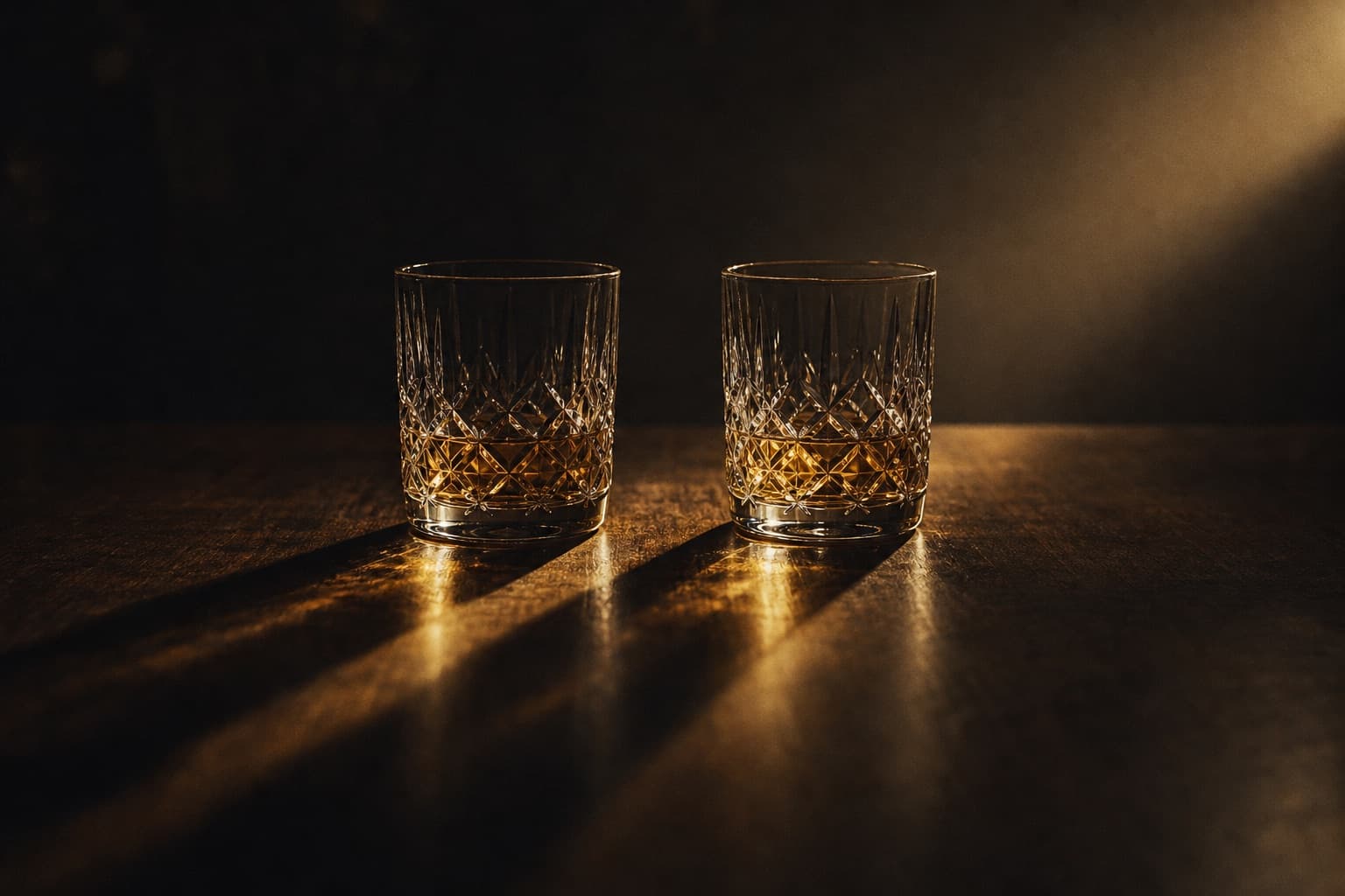 Two cut-crystal tumblers of amber liquid side by side on a dark polished wood surface, a single warm beam catching both: two paths weighed against each other.