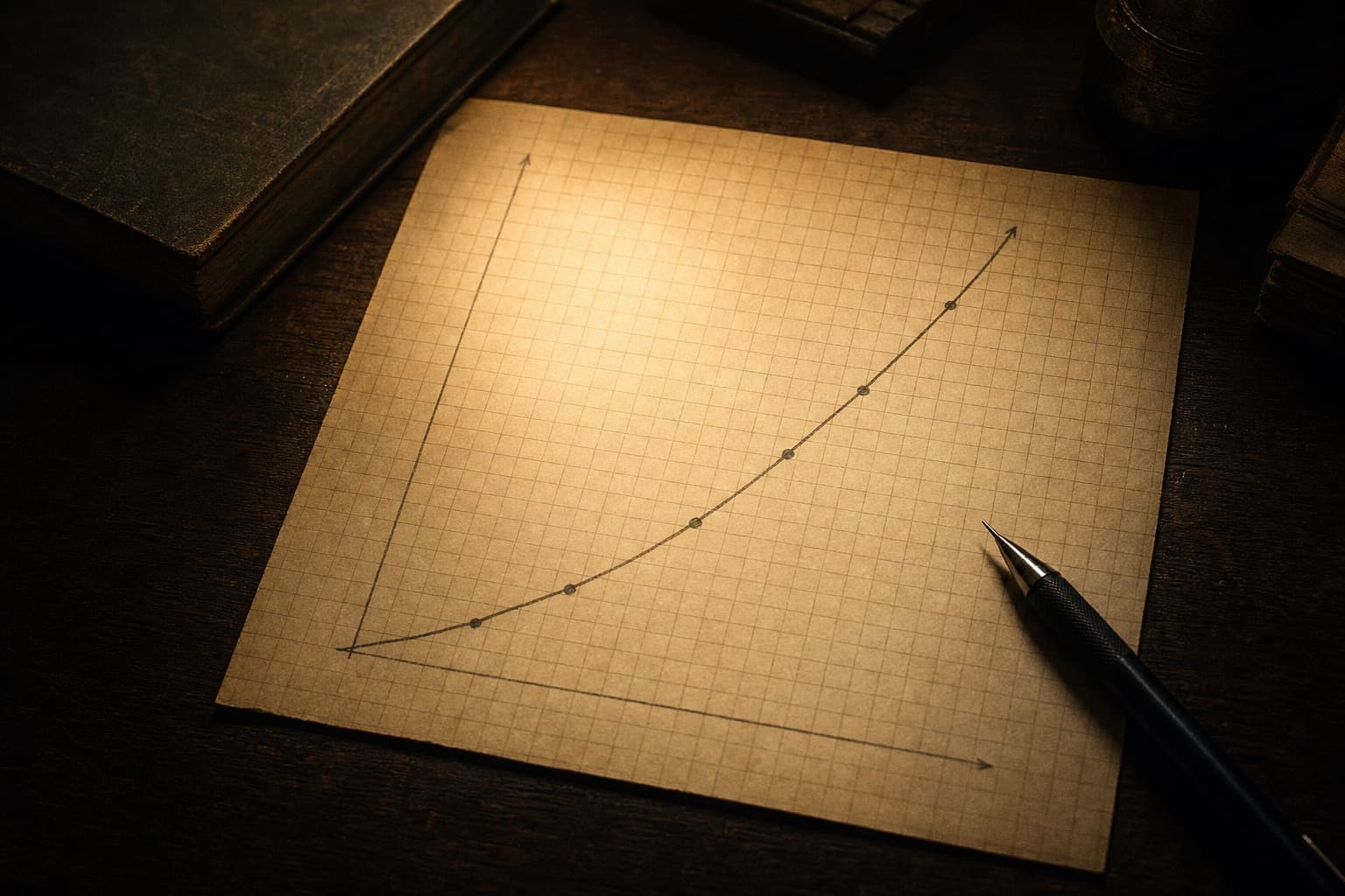 A hand-drawn ascending line graph on cream graph paper beside a mechanical pencil on a dark wood desk, lit by a single warm directional beam.