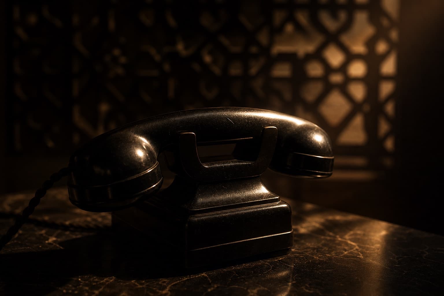 A vintage bakelite rotary telephone handset on a dark marble surface, with the geometric shadow pattern of a wooden Arabic mashrabiya screen filtering warm light behind it.