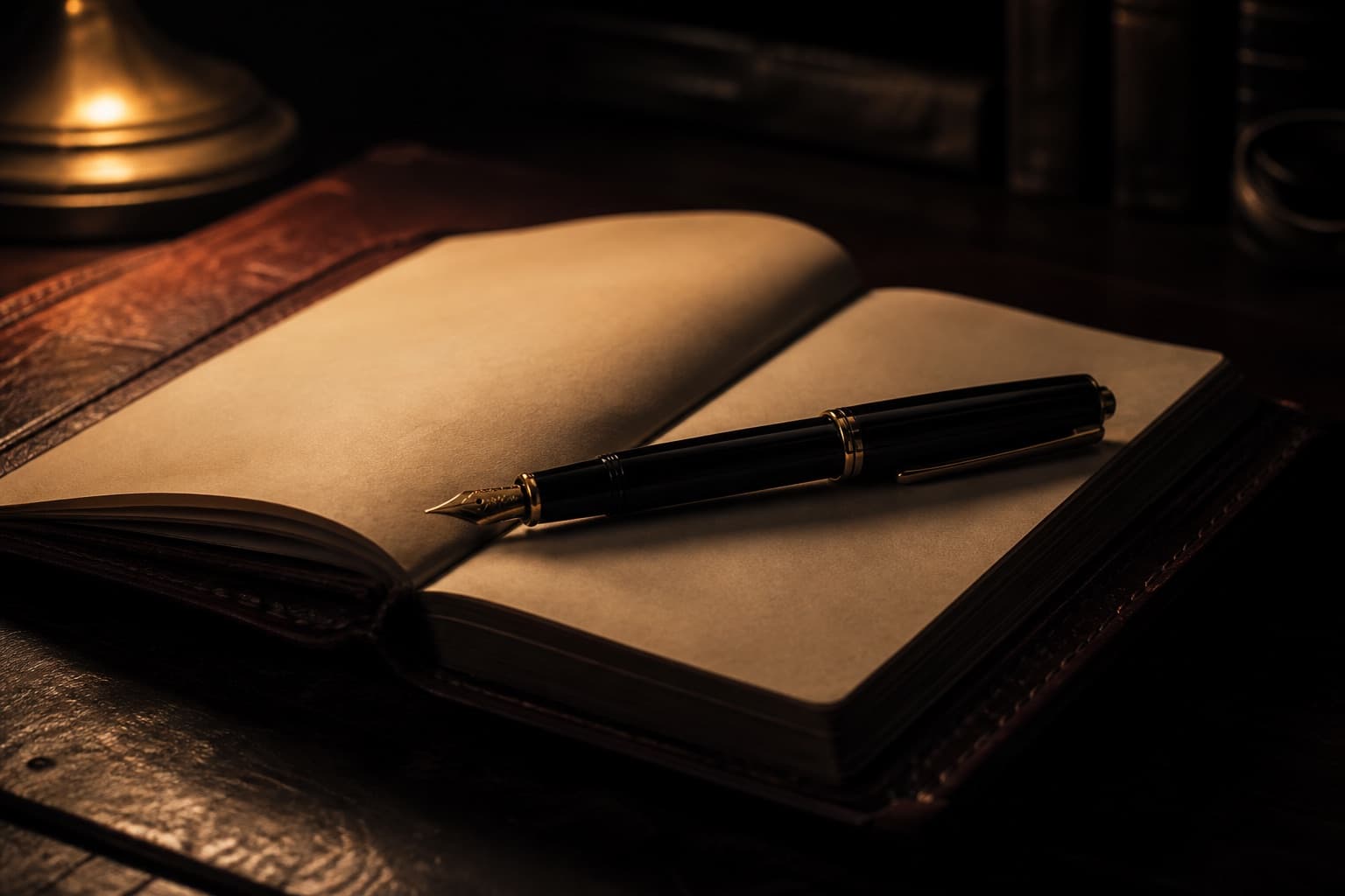 A black fountain pen with gold trim lying diagonally across an open dark leather ledger, in the warm pool of a desk lamp, a decision being recorded.