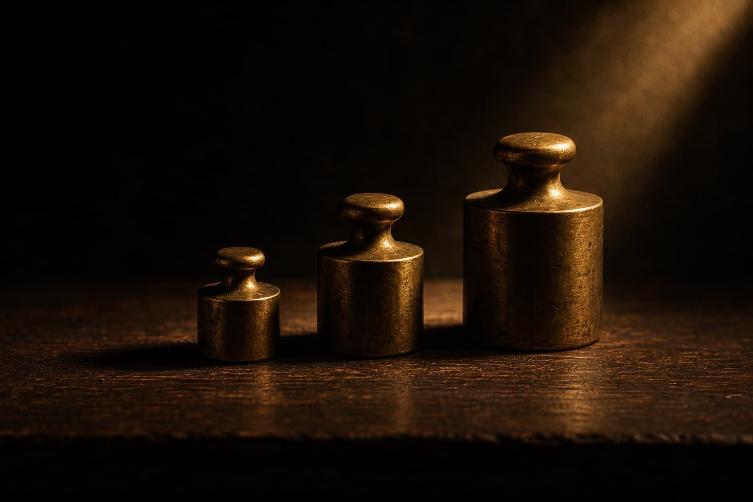 Three antique brass weights of ascending size lined up on dark polished wood, lit from above by a single warm directional beam: a process unfolding step by step.