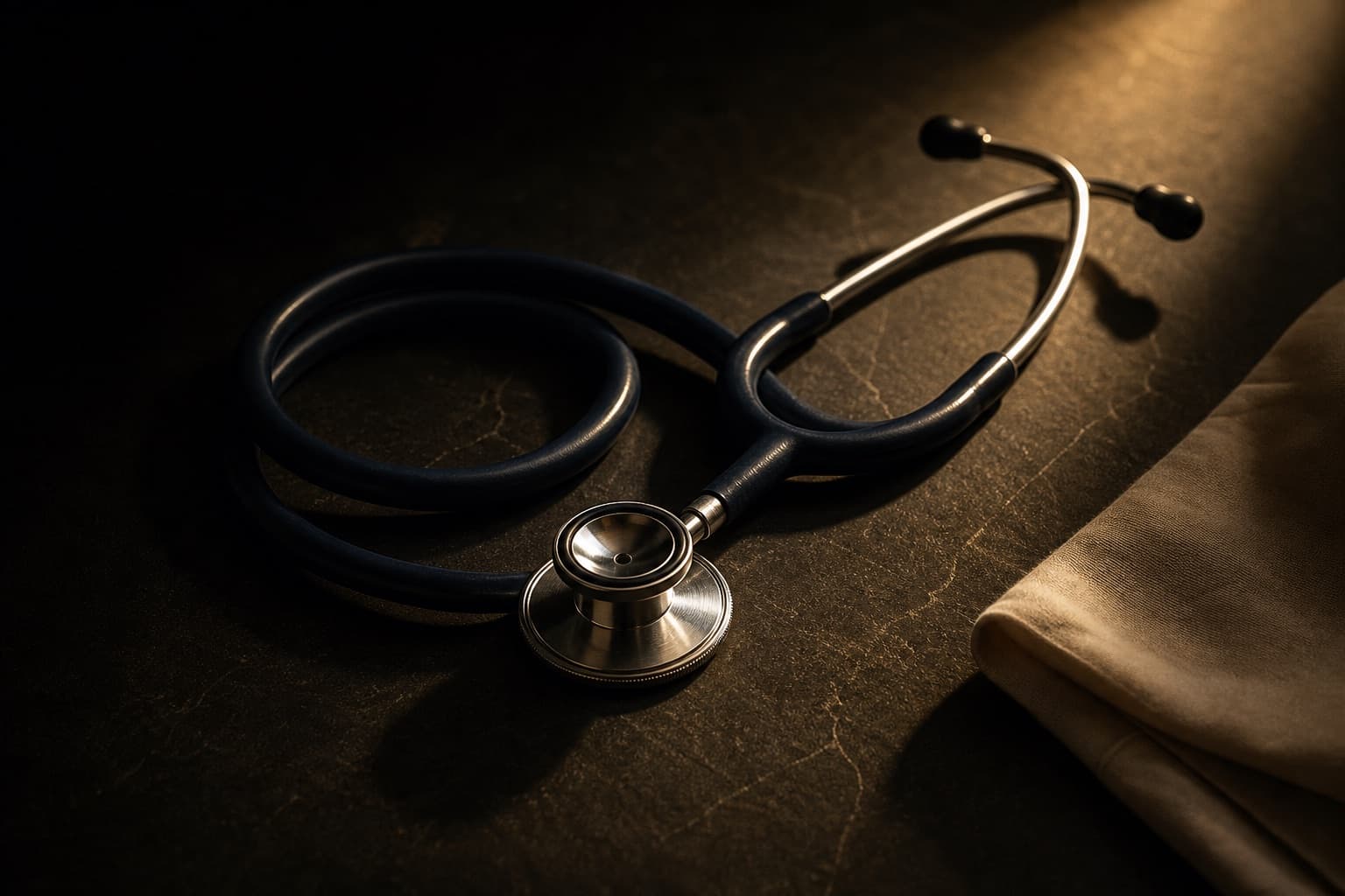 A classic stethoscope coiled neatly on a dark slate surface beside a folded cream cloth, lit by a single warm directional beam, care administered with quiet precision.