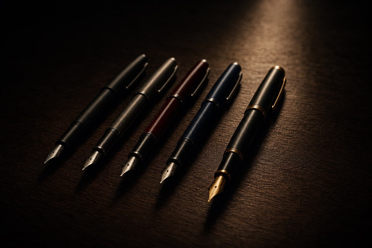 A row of five elegant fountain pens lined up on dark polished wood, the rightmost stepped slightly forward, all lit from above by a warm directional beam.