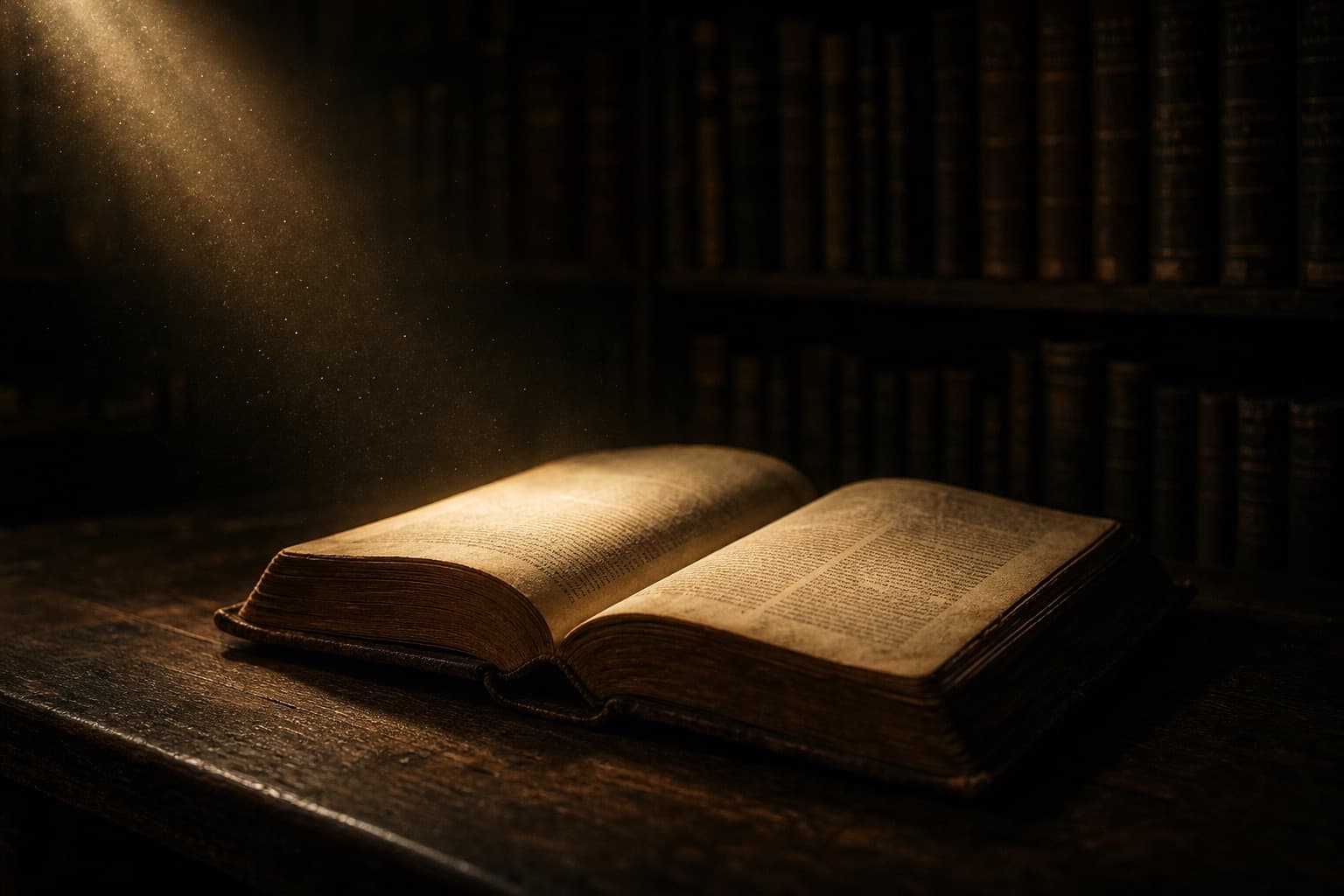 An old leather-bound book lying open on a dark library table, with a warm beam of light from above illuminating its aged pages: knowledge being retrieved from a vast hidden store.
