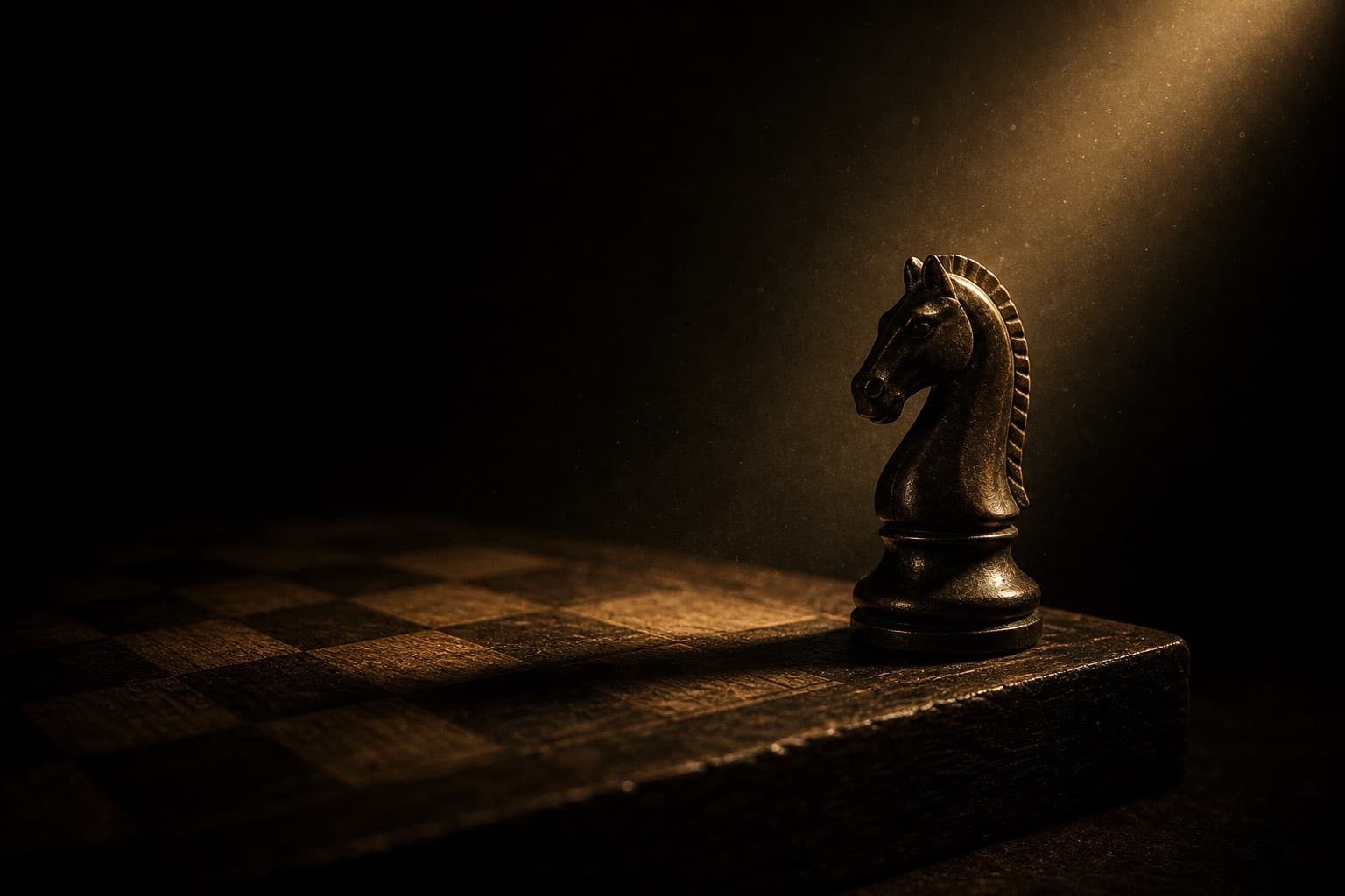 A dark bronze chess knight standing alone on a dimly lit board, lit by a warm directional beam: a single autonomous actor about to make a move.