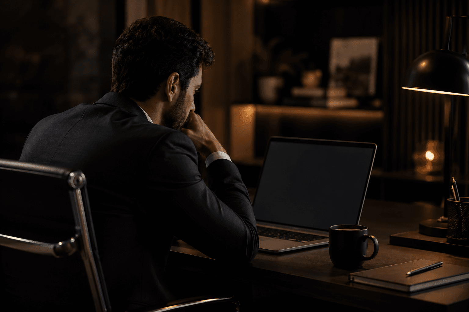 A businessman at a laptop late at night, focused on WhatsApp Business API documentation.