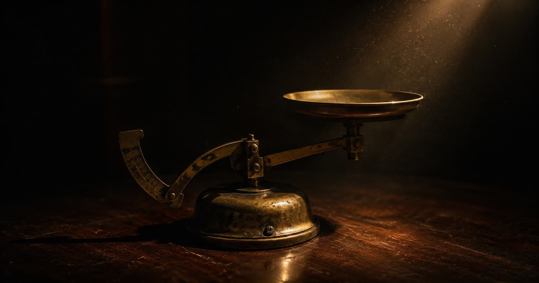 An antique brass postal letter scale on a dark polished wood surface, lit by a single warm directional beam: the cost of every exchange, quietly weighed.